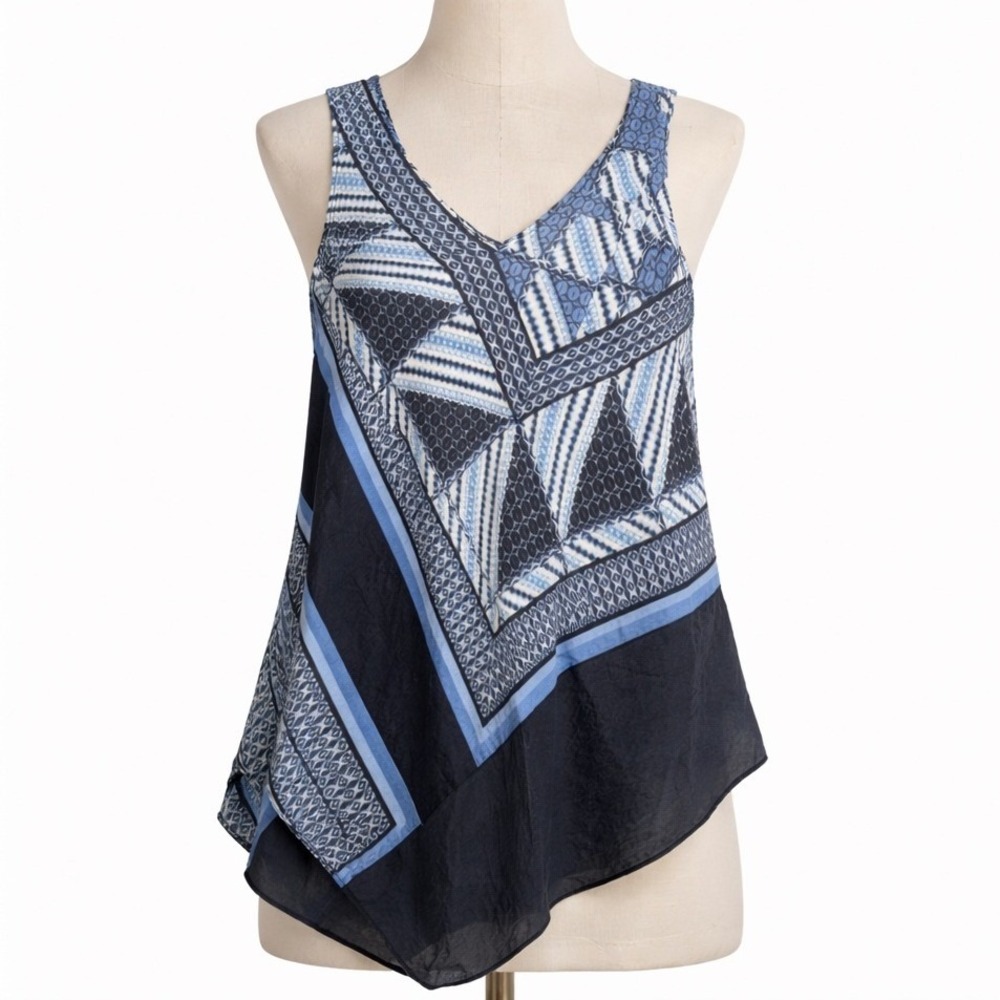Silk Geometric Asymmetrical Tank Sz M Blue Coastal Lagenlook Sheer Boho Festival